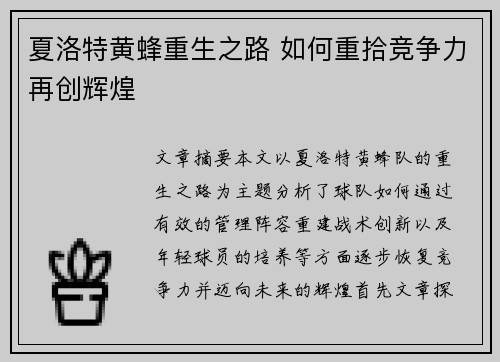 夏洛特黄蜂重生之路 如何重拾竞争力再创辉煌